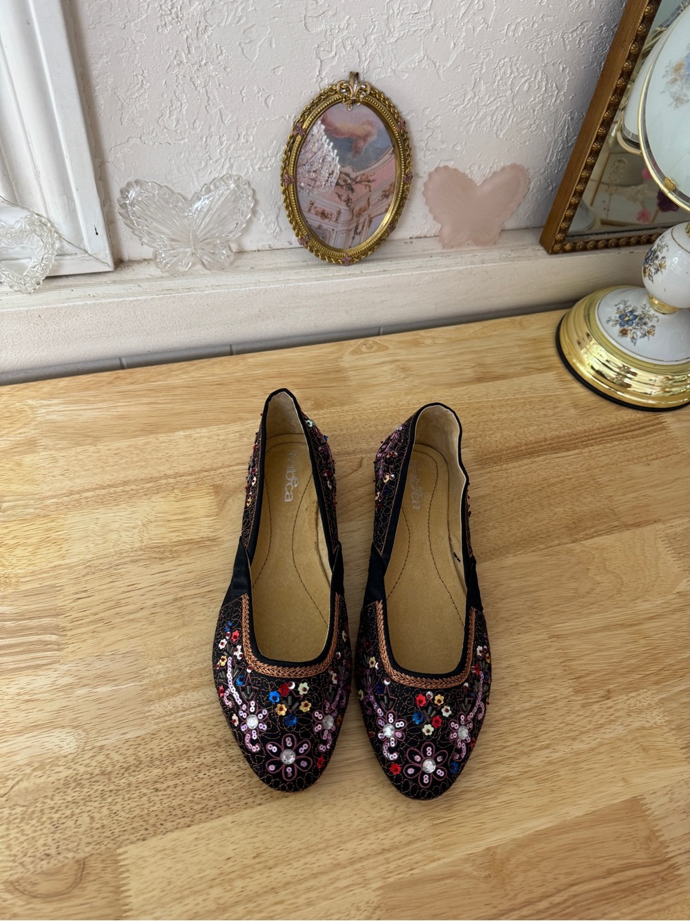 Magical Tribeca Y2K Black Floral Sequin Embroidered Ballet Flats Size 9.5 Whimsy